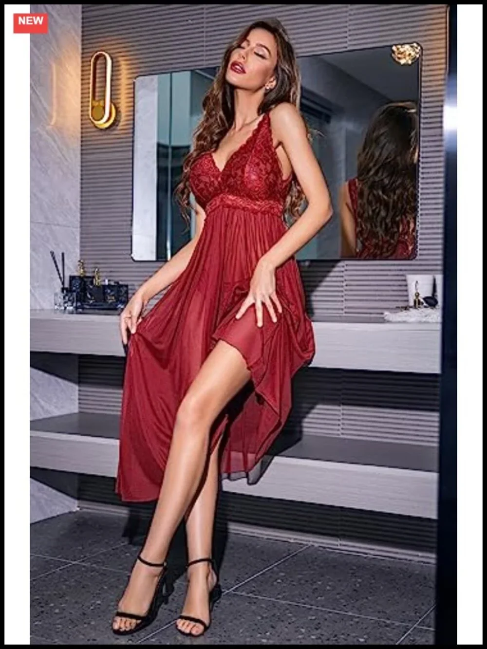 Women Long Lace Babydoll Lingerie V Neck Mesh Chemise Sleepwear